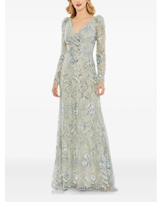 Mac Duggal Blue Floral-Embellishments V-Neck Gown