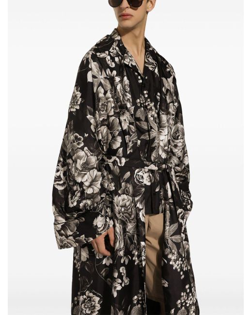 Dolce & Gabbana Black Floral-print Silk Robe for men