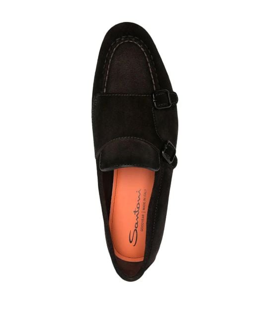 Santoni Black Double-Buckle Leather Loafers for men