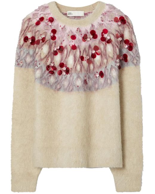 Tory Burch Pink Fair Isle Intarsia Embellished Wool-Blend Jumper