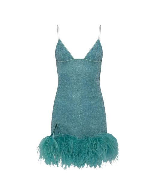 Oseree Blue Plumage Feather-Trim Lurex Mini Dress