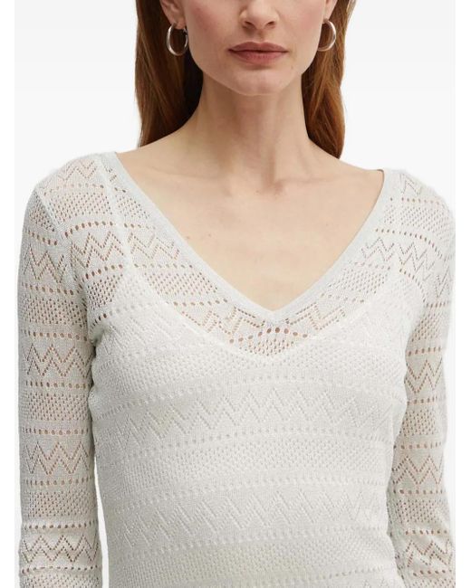 Guess White Long-Sleeve V-Neck Midi Dress