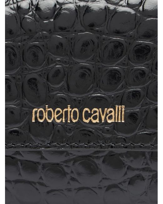 Roberto Cavalli Black Croc-Effect Logo-Lettering Card Holder