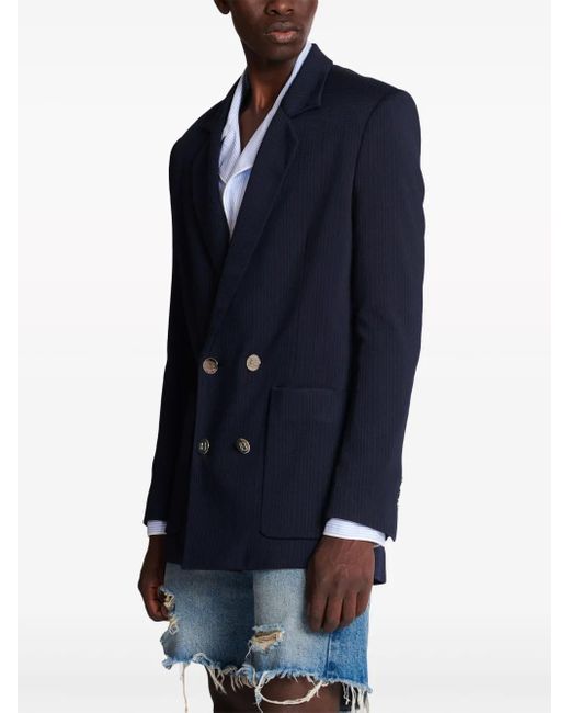 Balmain Blue Monogram-Pattern Double-Breasted Blazer for men