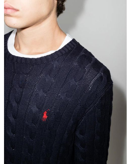 Polo Ralph Lauren Blue Dark Cable Knit Sweater With Embroidered Logo for men
