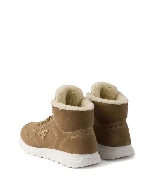 Prada Brown Shearling Triangle-Logo High-Top Sneakers for men