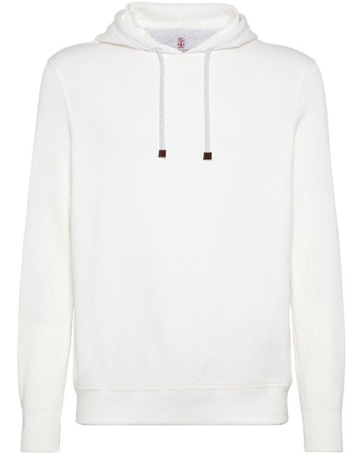Brunello Cucinelli White Ribbed-sleeve Cotton Hoodie for men