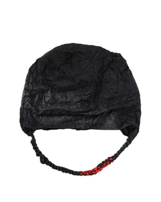 Daniela Gregis Black Crinkled Braided-Strap Beanie Hat