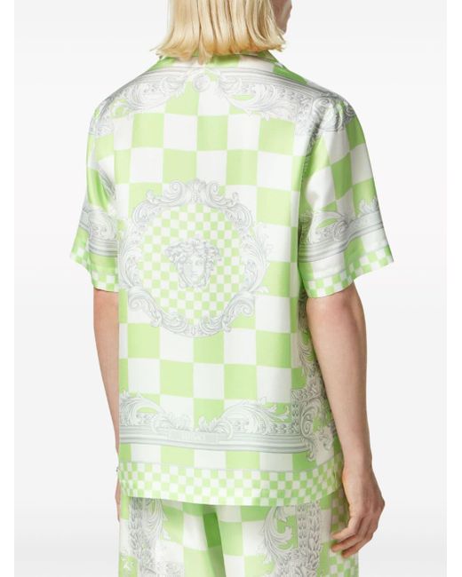 Versace Green Medusa-print Checked Silk Shirt for men