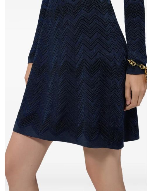 Missoni Blue Zig Zag Viscose And Wool Crewneck Dress