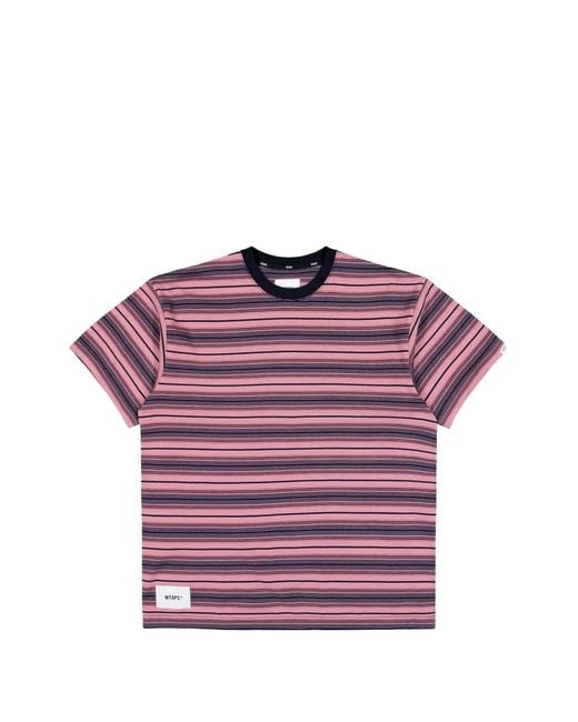 (w)taps Purple Striped Cotton T-Shirt for men