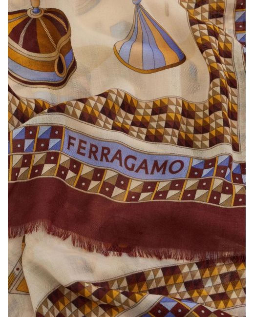 Ferragamo Brown Geometrical Renaissance Print-Cashmere Shawl