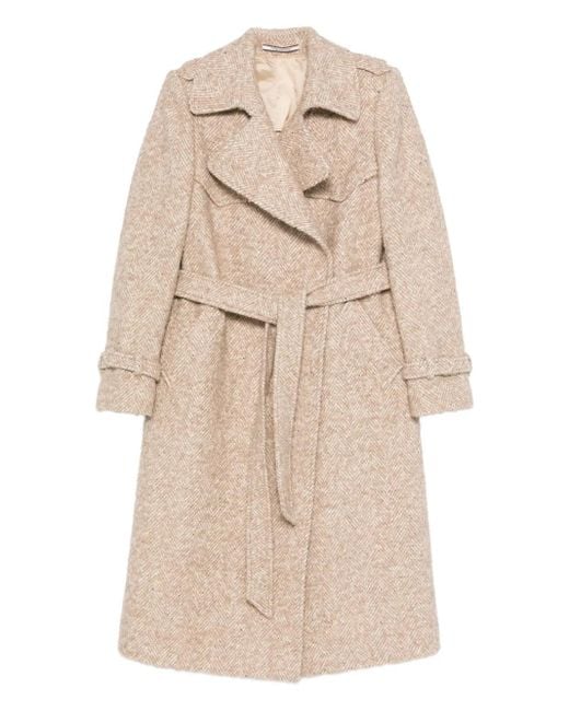 Tagliatore Natural Belted Herringbone-Pattern Coat