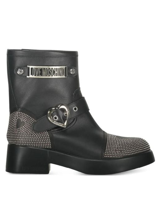Moschino Black Buckle-Detailed Studded Ankle Boots