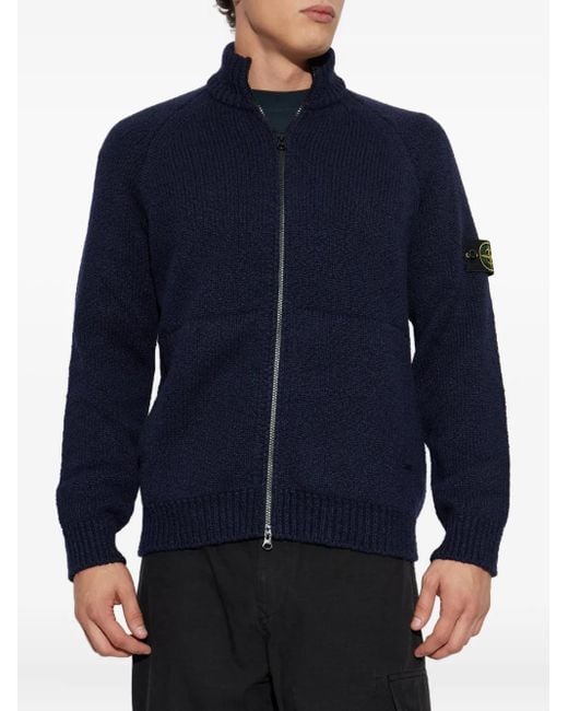 Stone Island Blue Zip-Front Patch-Pocket Wool Sweater for men