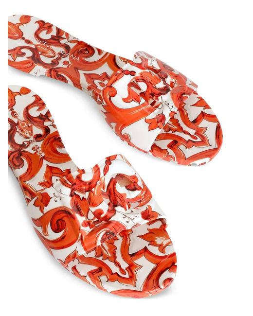 Dolce & Gabbana Red Maiolica Print Flat Sandals