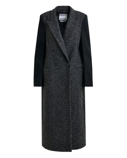 Essentiel Antwerp Black Contrast-Sleeve Double-Breasted Coat