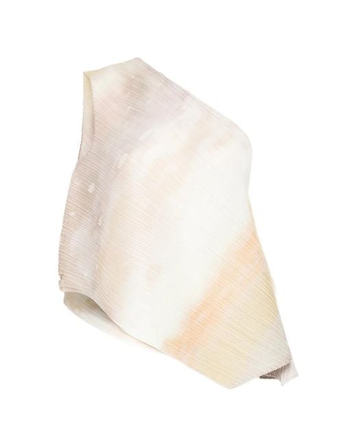 Pleats Please Issey Miyake White One-Shoulder Pleated Top