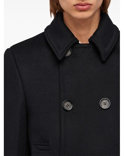 Ferragamo Black Virgin Wool-Blend Double-Breasted Peacoat for men