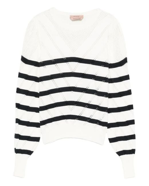 Twinset White Striped Cotton And Cashmere Crew Neck Jumper