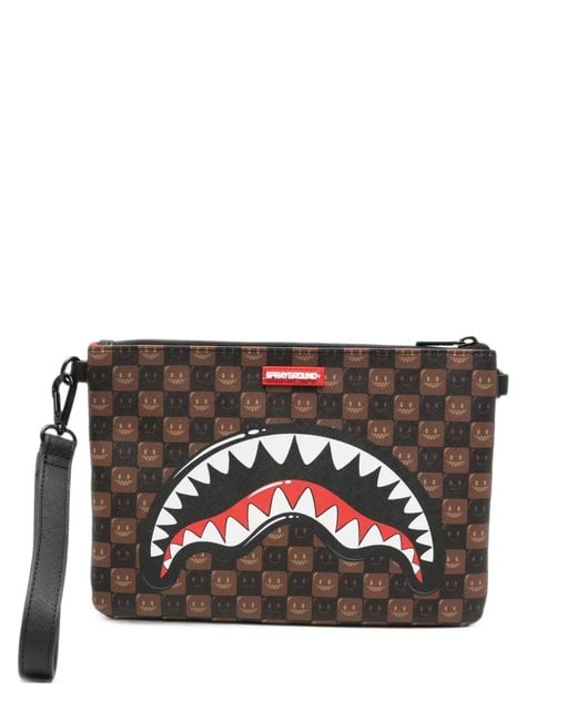 Sprayground Black Shark Mouth Check-Print Clutch Bag for men