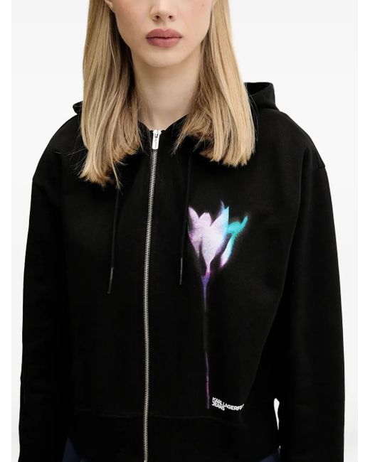 Karl Lagerfeld Black Flower-Print Zip-Up Hoodie