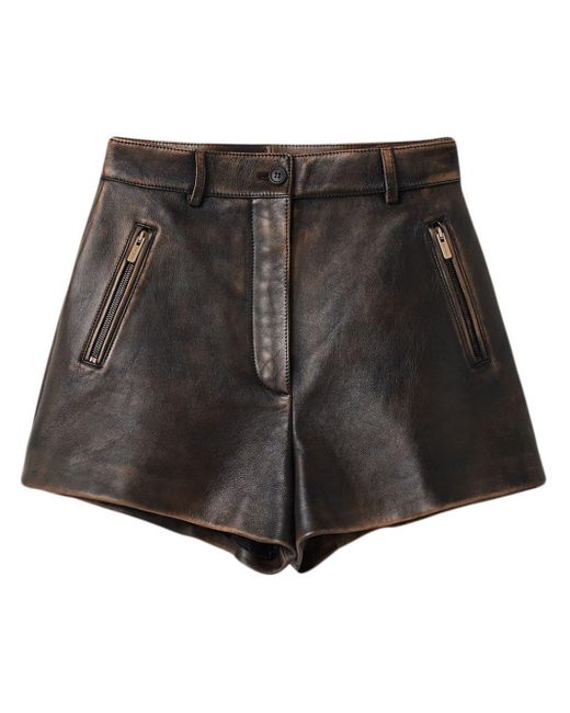 Miu Miu Black Distressed Leather Mini Shorts