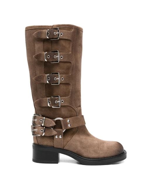 GISÉL MOIRÉ Brown Buckle-Strap Square-Toe Boots