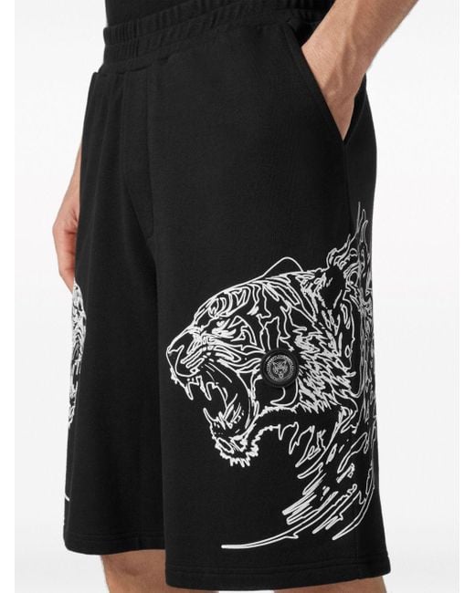 Philipp Plein Black Tiger-print Cotton Track Shorts for men