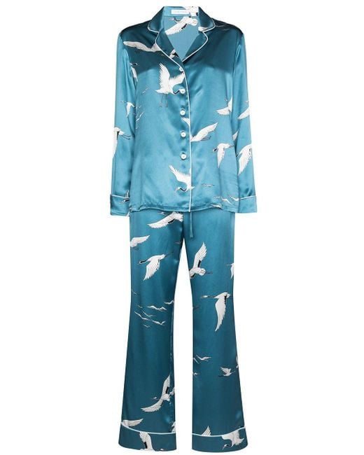 Olivia Von Halle Blue Lila Bird Silk Pyjamas