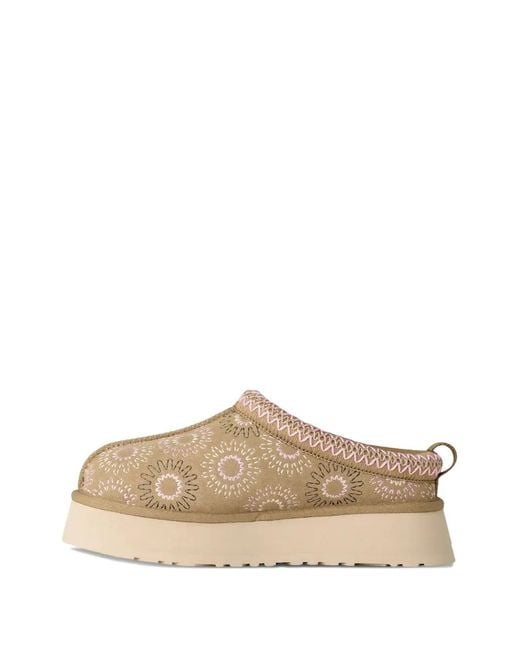 Ugg Brown Floral-Embroidery Platform Slippers