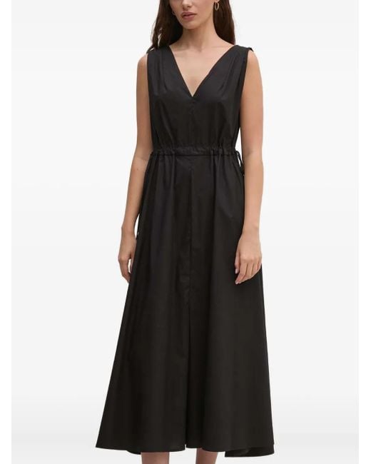 Sandro Ferrone Black Drawstring-Waist V-Neck Midi Dress