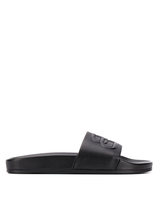 Balenciaga Piscine Bb-logo Leather Slides in Black | Lyst