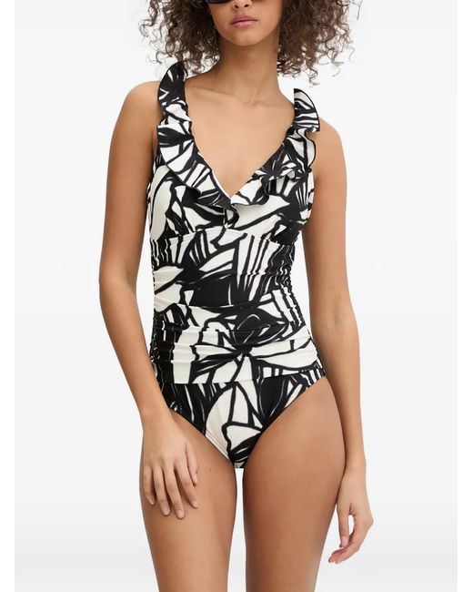 DKNY Black Abstract-Print Ruffled Swimsuit