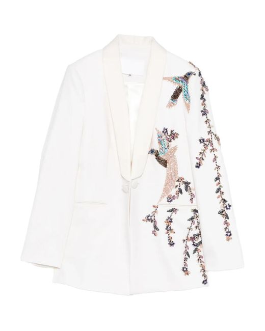 Costarellos White Beaded-Embellishments Bird-Motif Blazer