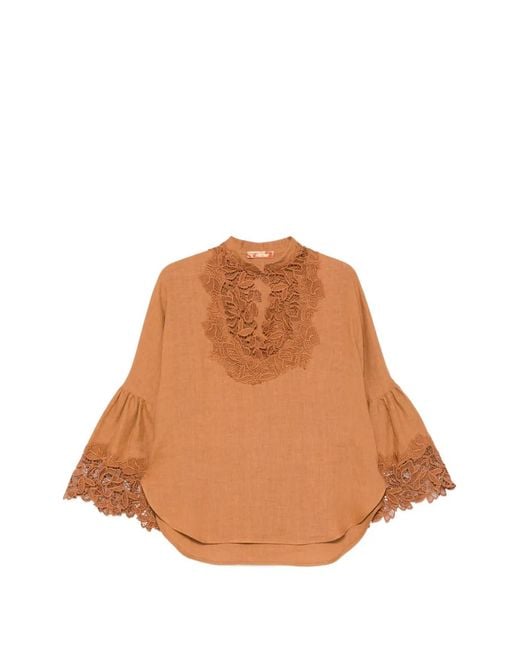 Ermanno Scervino Brown Lace-Trim Blouse