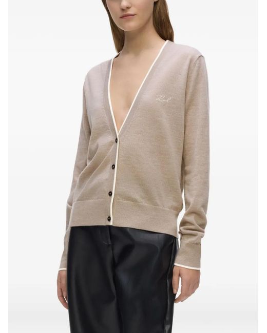 Karl Lagerfeld Natural Logo-Embroidered Merino-Wool Cardigan