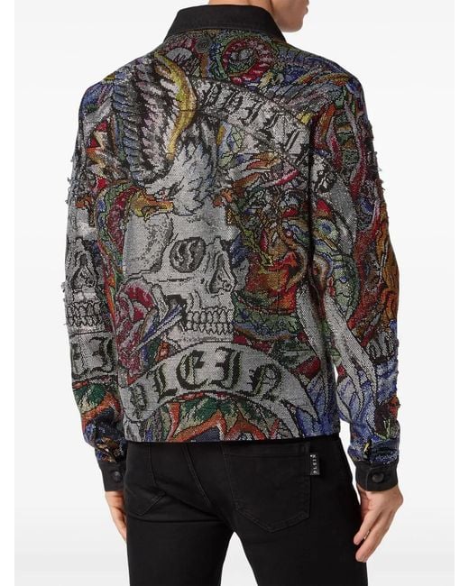 Philipp Plein Black Crystal-Embellished Denim Jacket for men
