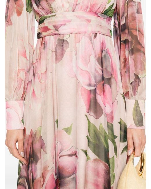Nissa Pink Floral-print Flared Midi Dress