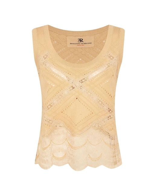 Ermanno Scervino Natural Lace-Trimmed Pointelle-Knit Top