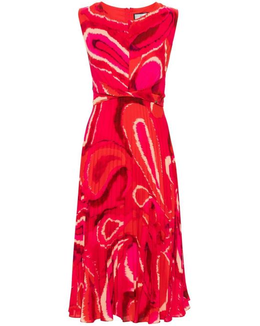 Nissa Red Abstract Plissé Midi Dress