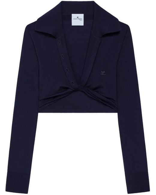 Courreges Blue Twist-Detail Cropped Polo Jumper