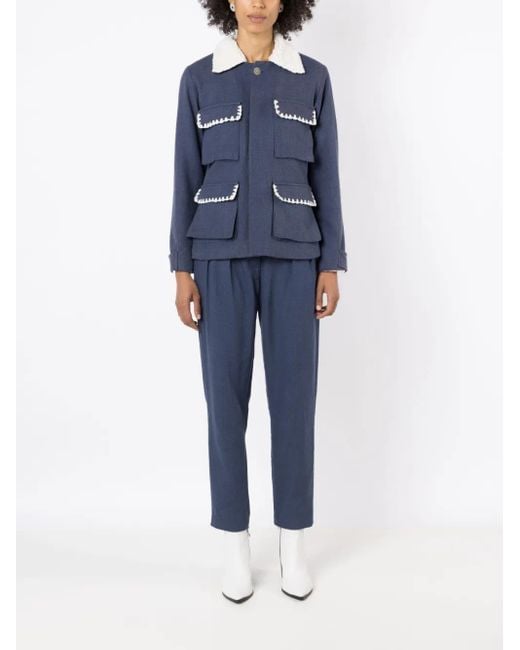Isolda Blue Shearling-Collar Button-Up Jacket