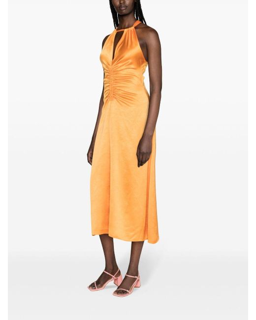 Sandro Satijnen Midi-jurk Met Ruches in het Orange
