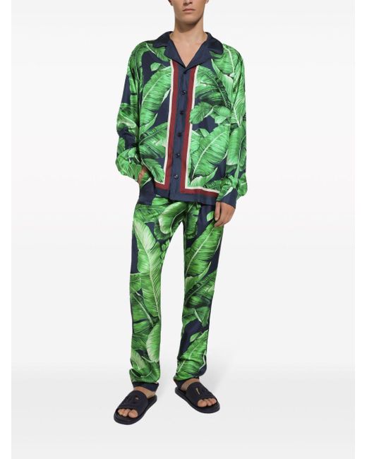 Dolce & Gabbana Green Leaf-print Silk Shirt for men