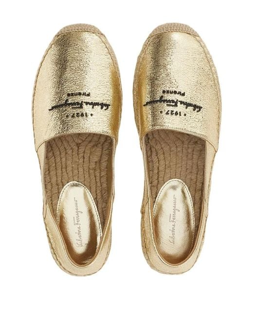 Ferragamo Natural Ferragamo Logo-Embroidered Metallic Espadrilles