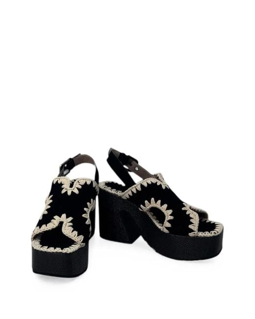 Mou Black Crochet-Trim Platform Sandals