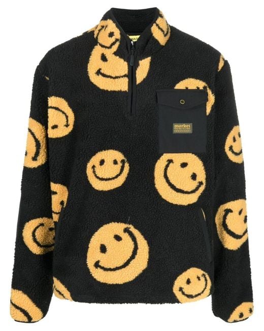 Market Black Smiley Face-print Fleece Jacket for men