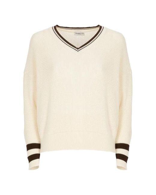 Marella Natural Mlsfestoso V-Neck Striped-Trim Sweater