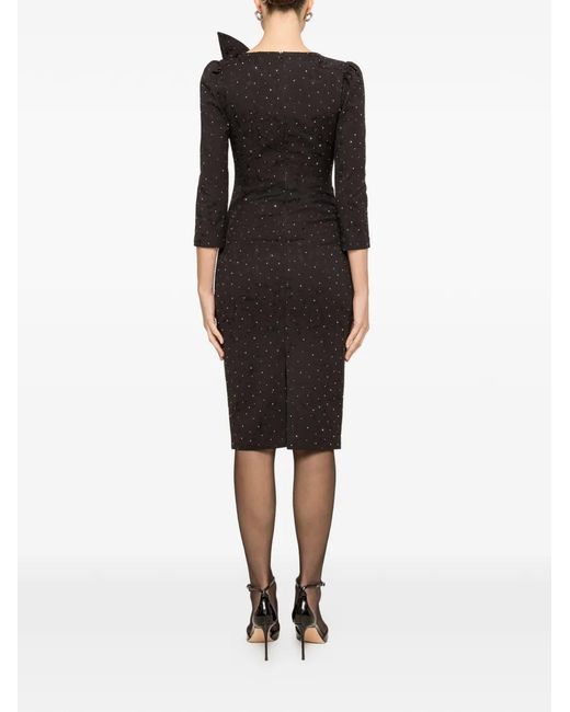 Nissa Black Rhinestone-Embellished Brocade Midi Dress